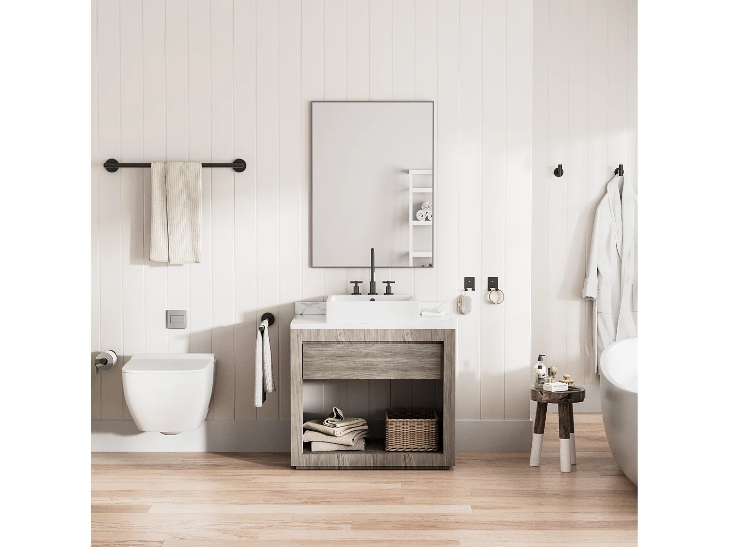 Set da bagno 7 pezzi: 1 portasciugamani + 1 portasciugamani laterale + 1 portarotolo + 4 ganci (nero)