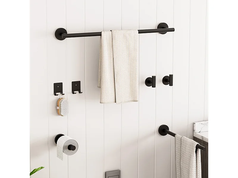 7PCS Ensemble de Salle de Bain - 1 Barre à Serviettes + 1 Barre à Serviettes Latérale + 1 Porte-rouleau de Papier + 4 Crochets (Noir)