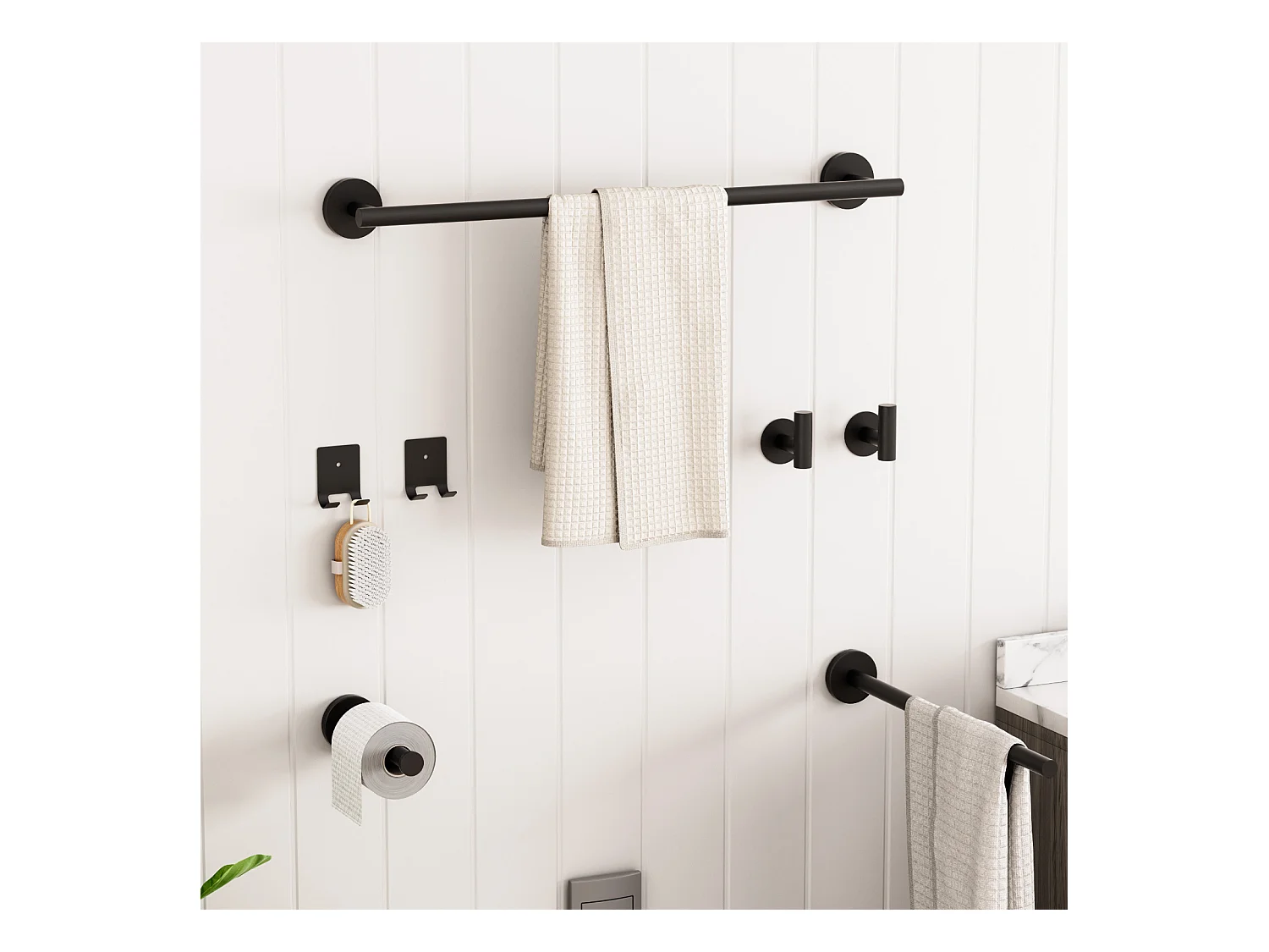 Cecipa MAX Toallero de pared negro para baño, soporte de papel higiénico de acero inoxidable, juego para colgar en el baño, 4 piezas