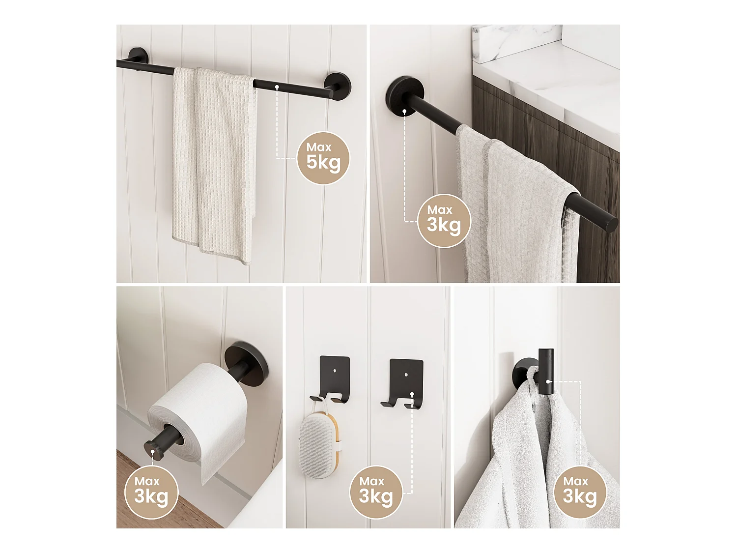 Cecipa MAX Toallero de pared negro para baño, soporte de papel higiénico de acero inoxidable, juego para colgar en el baño, 4 piezas