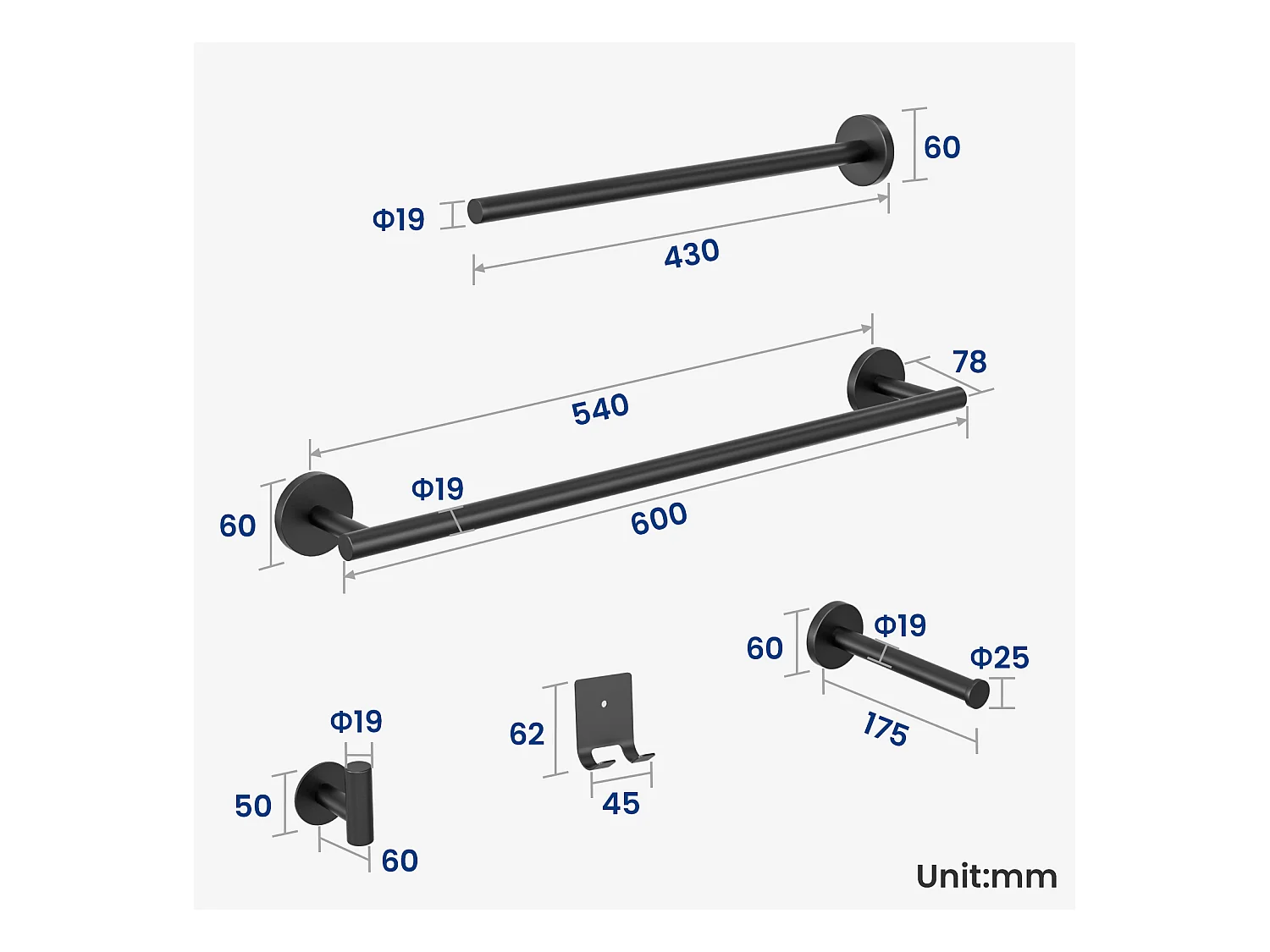 Cecipa MAX Toallero de pared negro para baño, soporte de papel higiénico de acero inoxidable, juego para colgar en el baño, 4 piezas