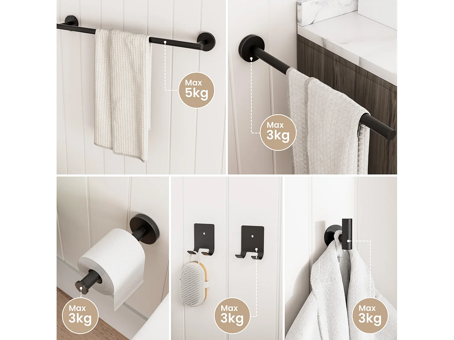 Cecipa MAX Noir Porte-serviettes Mural Salle de Bain Porte-papier Hygiénique en Acier Inoxydable Ensemble de Suspension de Salle de Bain 4 Pièces