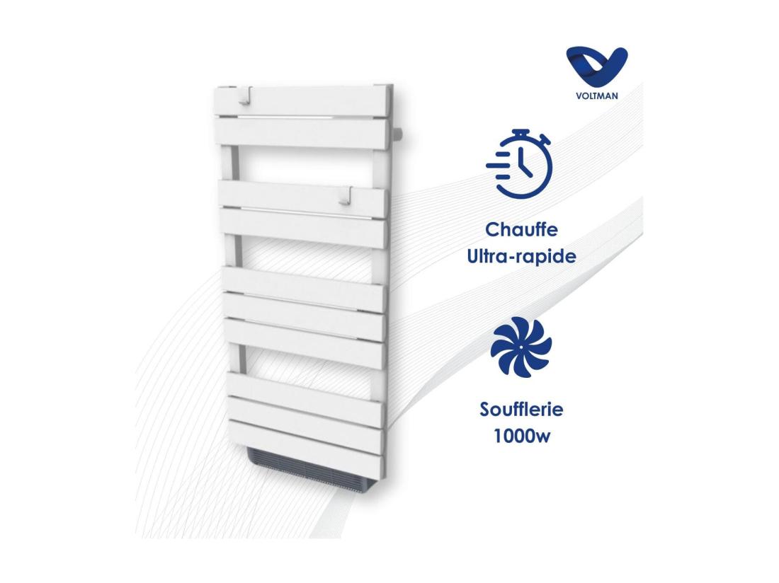 vente unique Chauffage sèche-serviette inertie sèche - 500W + soufflerie 1000W - Blanc - Voltman
