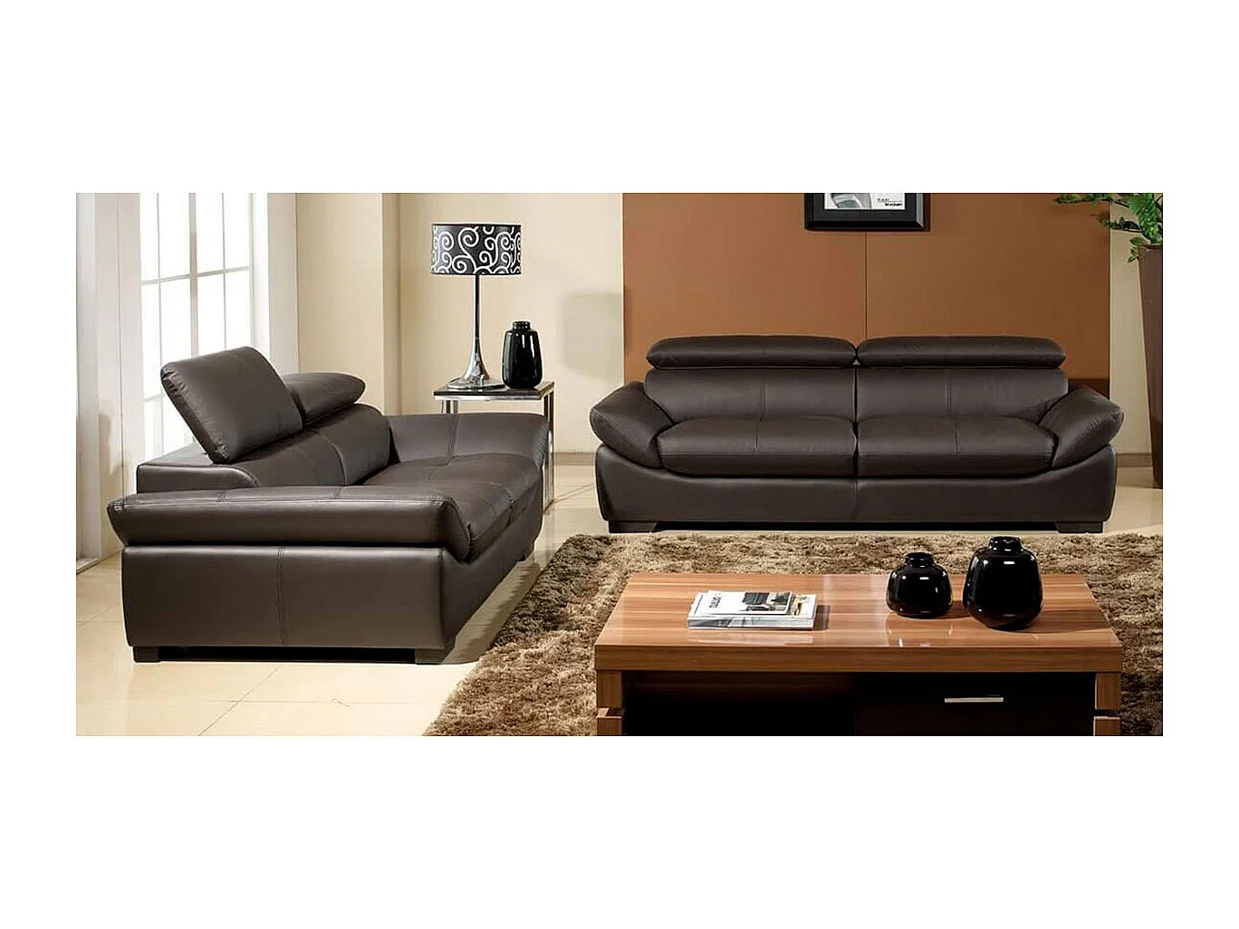 Canapé Cuir 2 places BORNEO Marron - Angle Droit