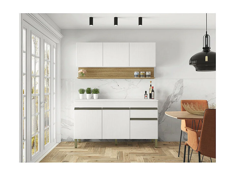 Cuisine Equipée 6 Portes 1 Tiroir Chêne et Blanc 9 Niches L 120 H 200 P 53.3 cm