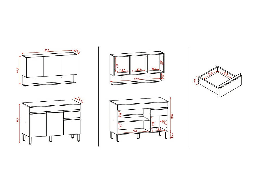 Cuisine Equipée 6 Portes 1 Tiroir Chêne et Blanc 9 Niches L 120 H 200 P 53.3 cm
