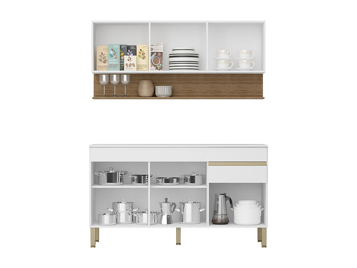 Cuisine Equipée 6 Portes 1 Tiroir Chêne et Blanc 7 Niches L 120 H 200 P 53.3 cm