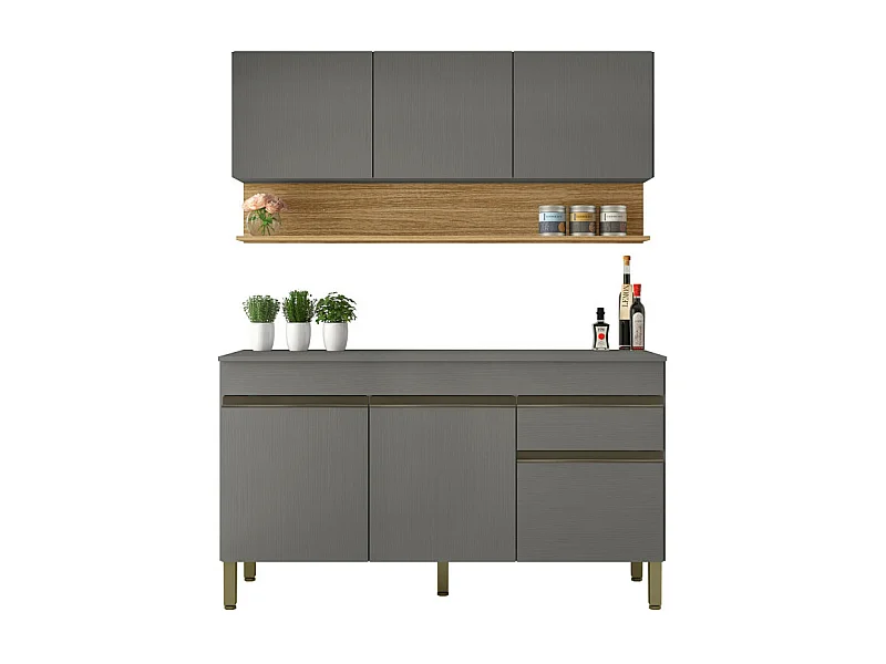 Cuisine Equipée 6 Portes 1 Tiroir Chêne et Gris L 150 H 200 P 53.3 cm