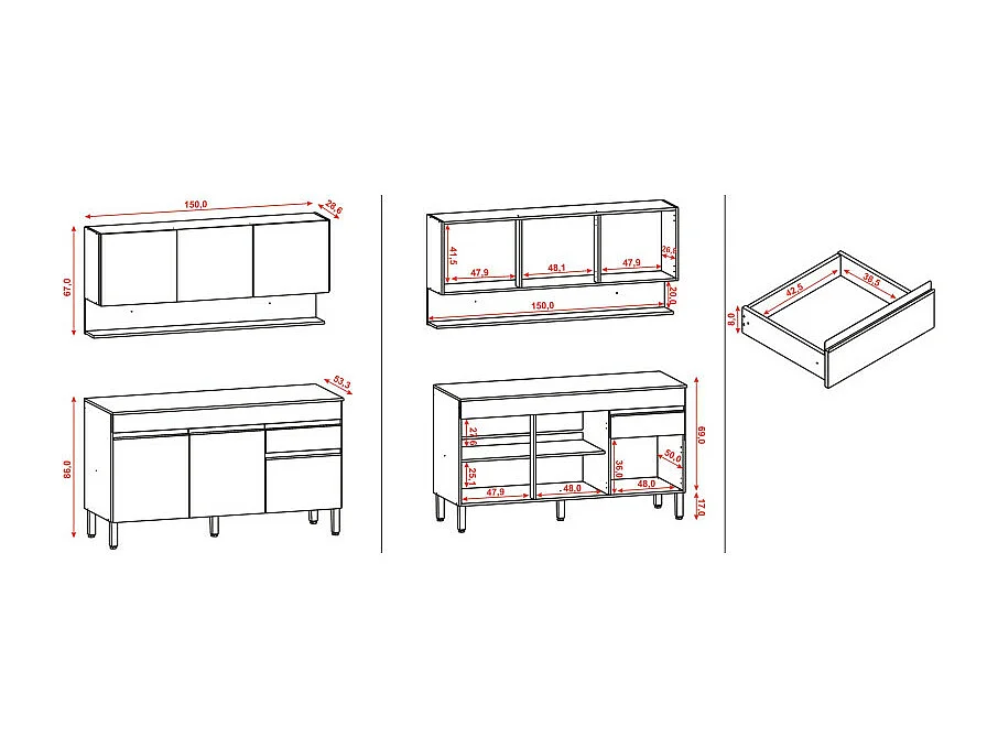 Cuisine Equipée 6 Portes 1 Tiroir Chêne et Blanc L 150 H 200 P 53.3 cm