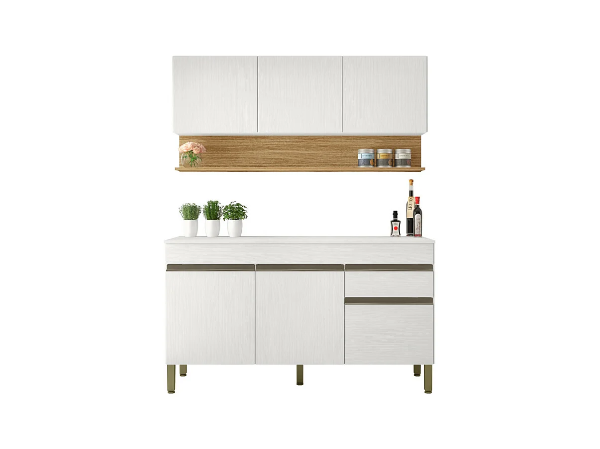 Cuisine Equipée 6 Portes 1 Tiroir Chêne et Blanc L 150 H 200 P 53.3 cm