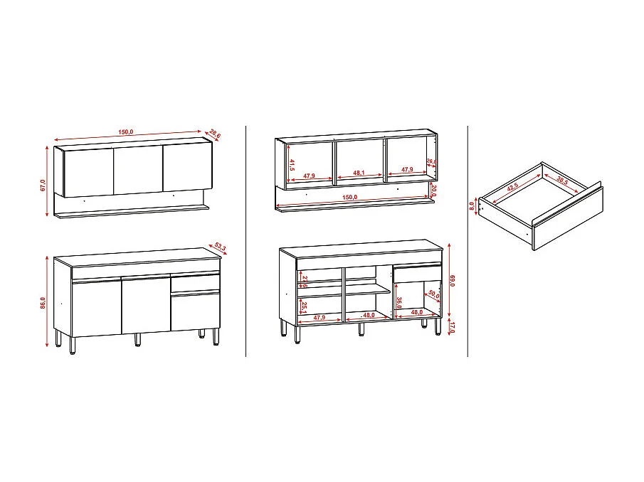 Cuisine Equipée 6 Portes 1 Tiroir Chêne et Blanc L 150 H 200 P 53.3 cm