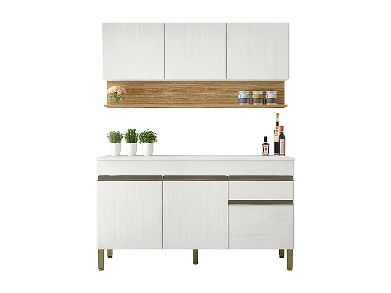 Cuisine Equipée 6 Portes 1 Tiroir Chêne et Blanc L 150 H 200 P 53.3 cm