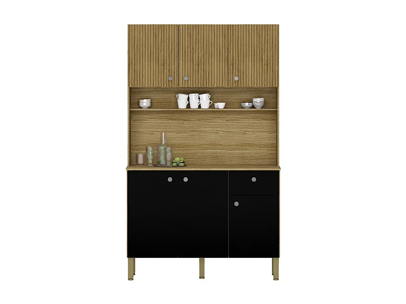 Buffet de Cuisine 6 Portes 1 Tiroir Chêne et Noir 7 Niches L 111 H 185 P 39.3 cm
