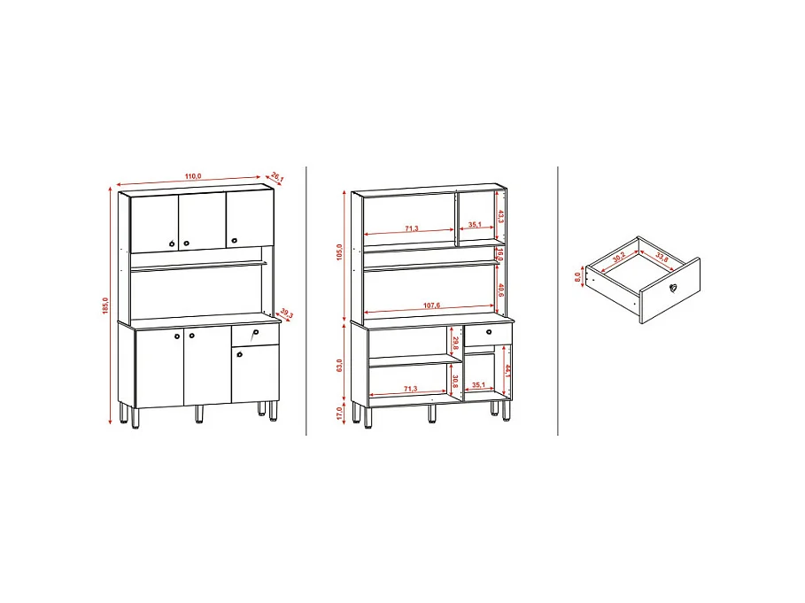 Buffet de Cuisine 6 Portes 1 Tiroir Chêne et Noir 7 Niches L 111 H 185 P 39.3 cm
