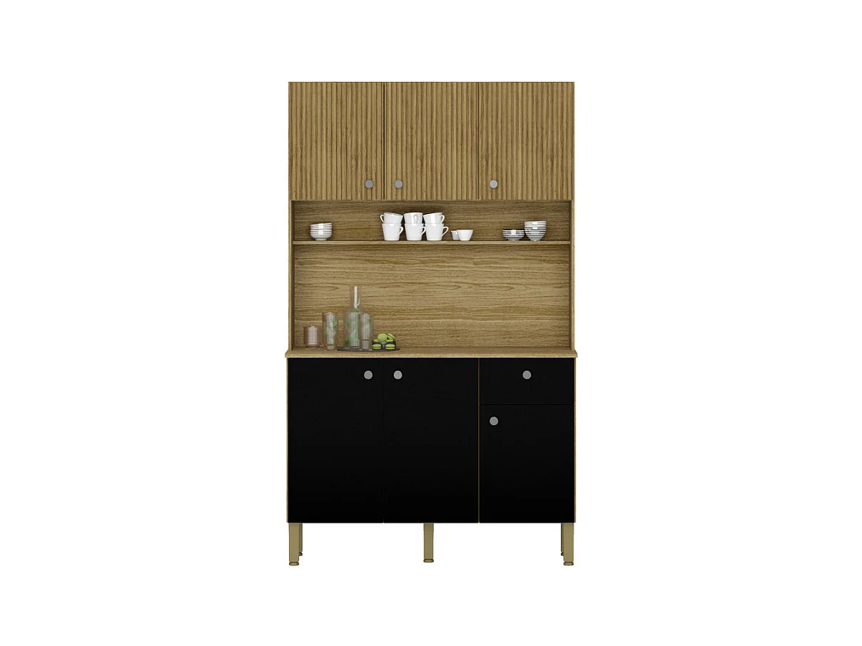 Buffet de Cuisine 6 Portes 1 Tiroir Chêne et Noir 7 Niches L 111 H 185 P 39.3 cm