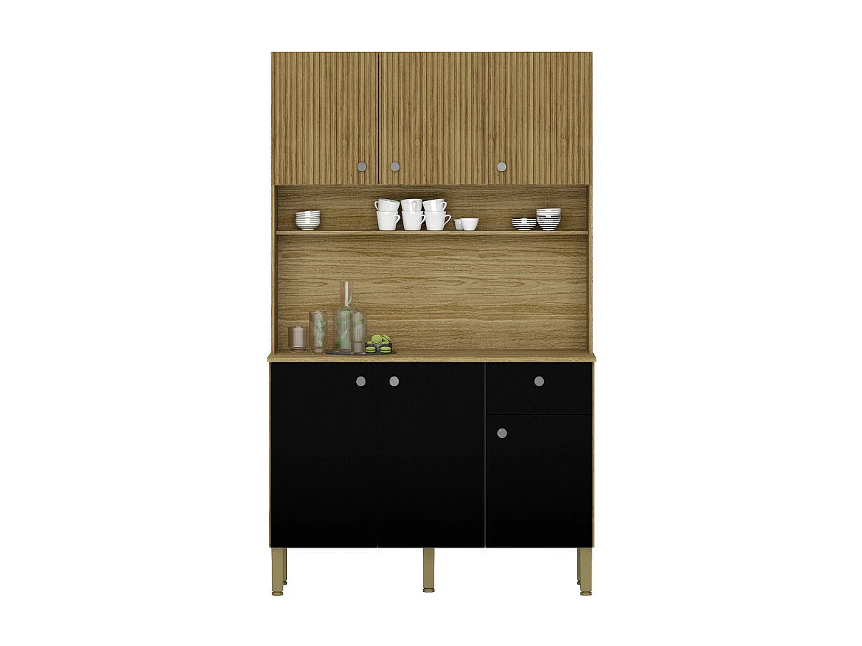 Buffet de Cuisine 6 Portes 1 Tiroir Chêne et Noir 7 Niches L 111 H 185 P 39.3 cm