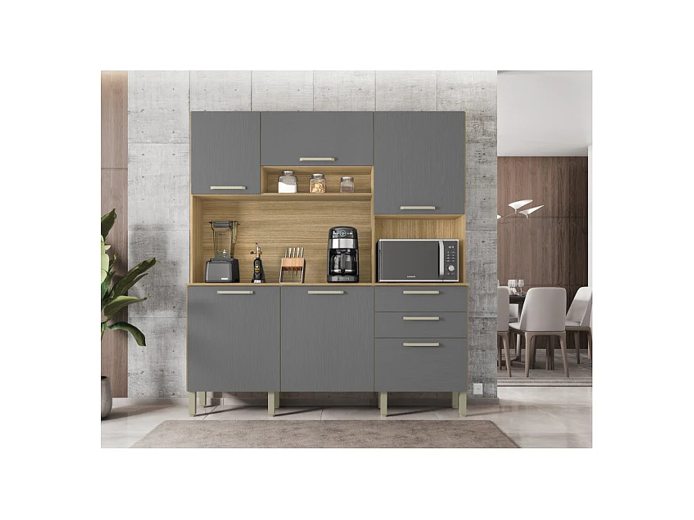 Buffet de Cuisine 6 Portes 2 Tiroirs Chêne et Gris L 180.2 H 198 P 38.8 cm