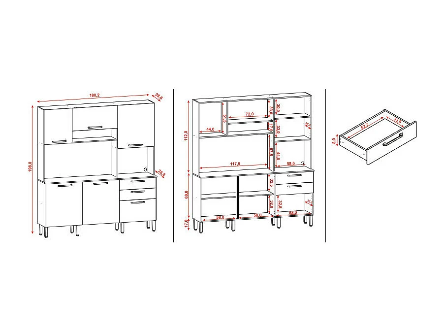 Buffet de Cuisine 6 Portes 2 Tiroirs Chêne et Gris L 180.2 H 198 P 38.8 cm