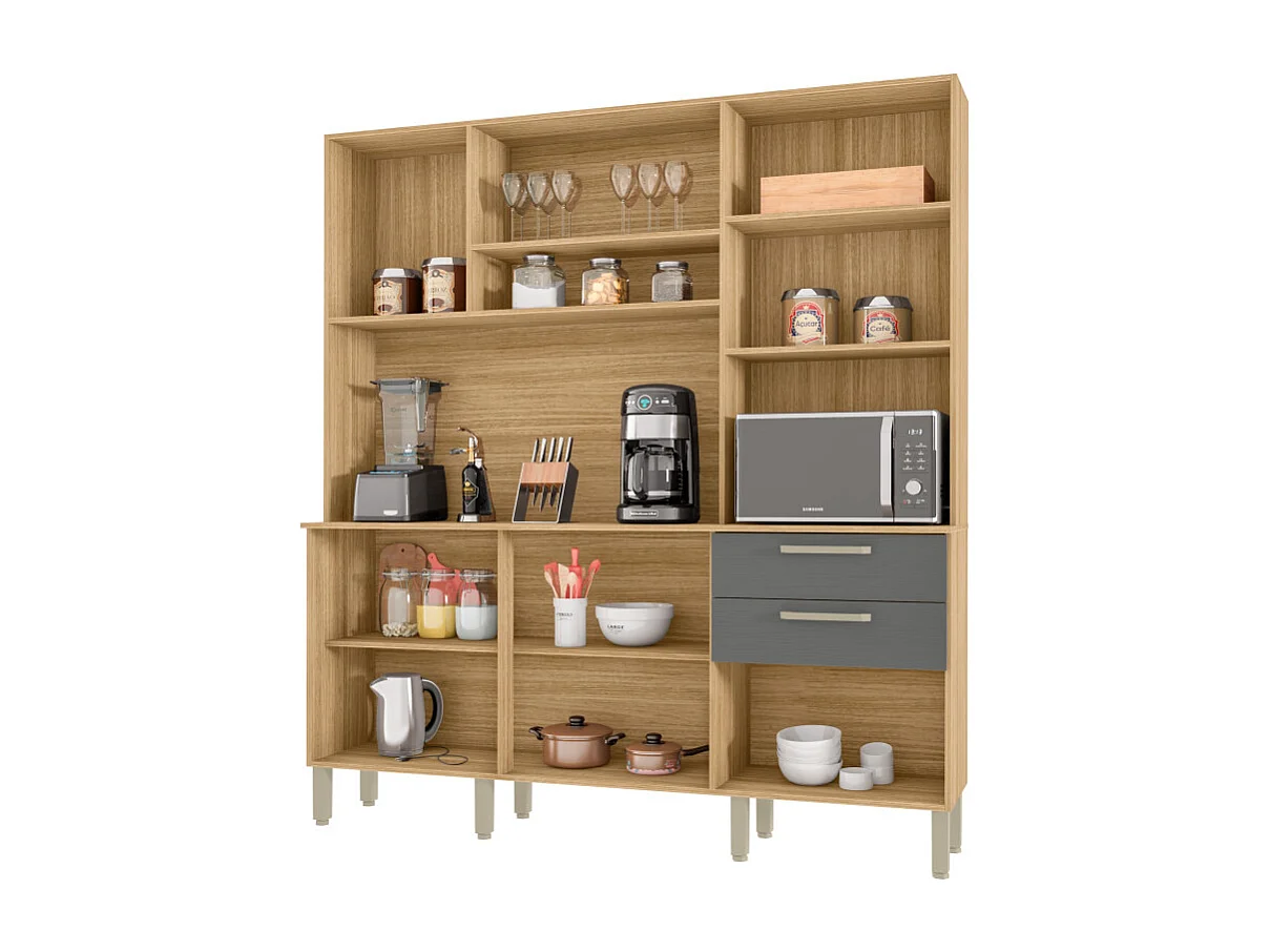 Buffet de Cuisine 6 Portes 2 Tiroirs Chêne et Gris L 180.2 H 198 P 38.8 cm