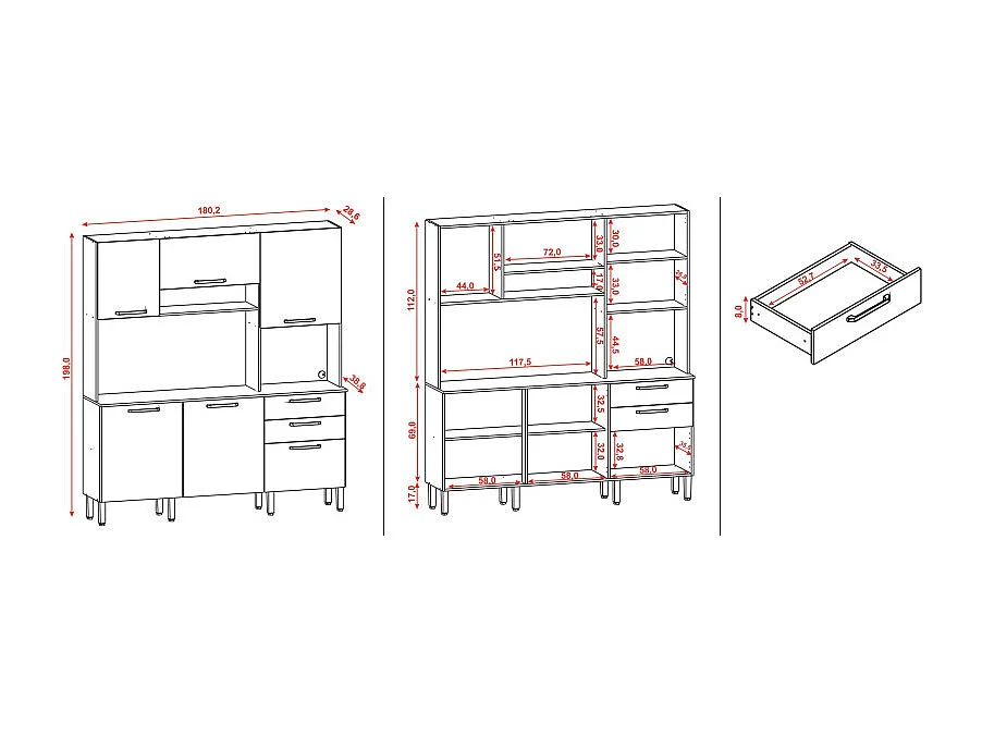Buffet de Cuisine 6 Portes 2 Tiroirs Chêne et Gris L 180.2 H 198 P 38.8 cm