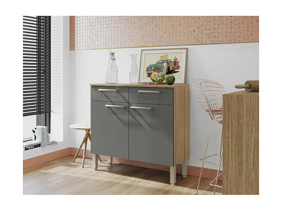 Buffet Bas Meuble Cuisine 2 Portes 2 Tiroirs Chêne et Gris L 90.9 H 86 P 36.3 cm