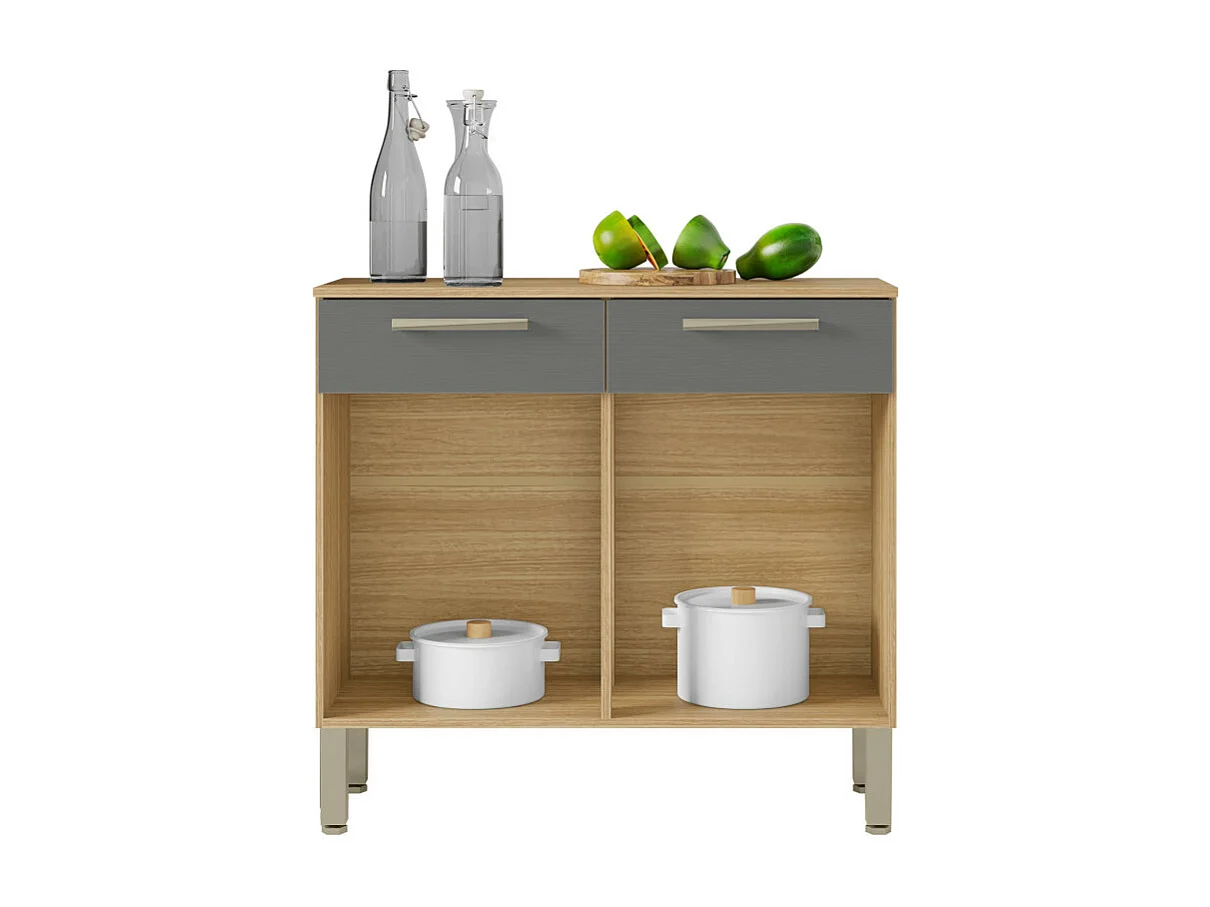 Buffet Bas Meuble Cuisine 2 Portes 2 Tiroirs Chêne et Gris L 90.9 H 86 P 36.3 cm
