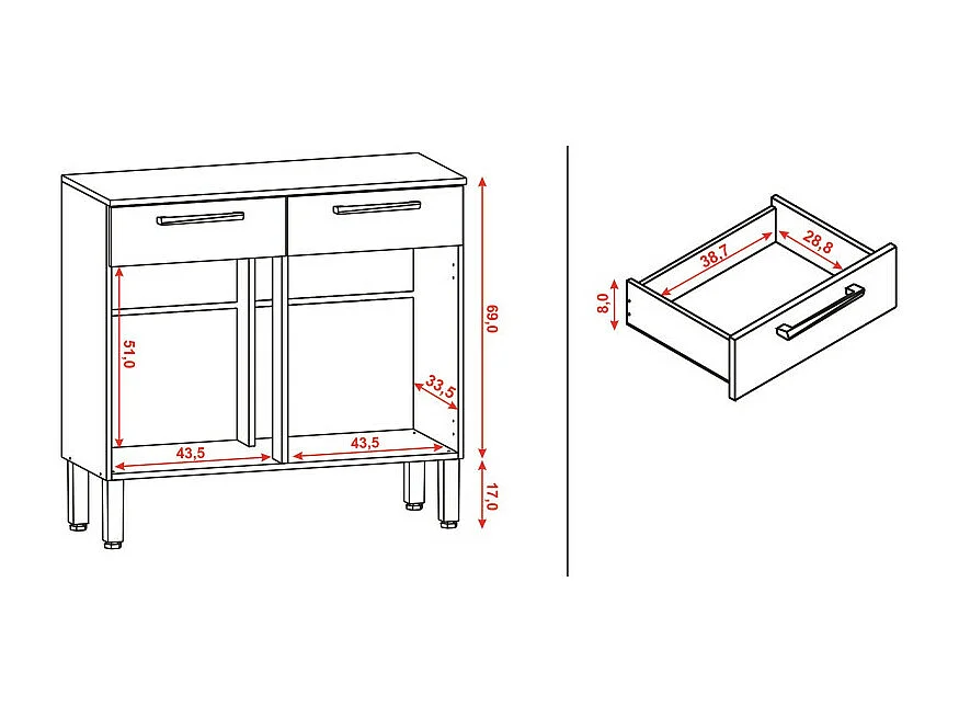 Buffet Bas Meuble Cuisine 2 Portes 2 Tiroirs Chêne et Gris L 90.9 H 86 P 36.3 cm