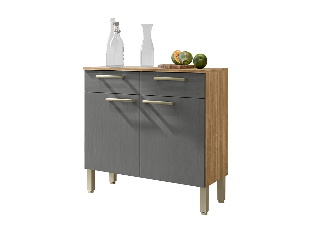 Buffet Bas Meuble Cuisine 2 Portes 2 Tiroirs Chêne et Gris L 90.9 H 86 P 36.3 cm