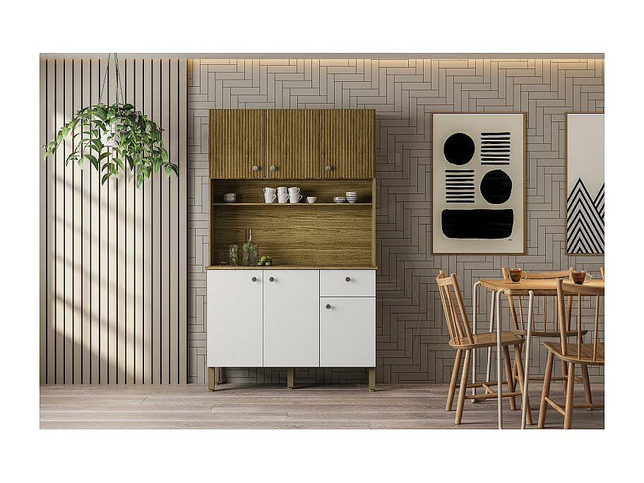 Buffet de Cuisine 6 Portes 1 Tiroir Chêne et Blanc 7 Niches L 111 H 185 P 39.3 cm