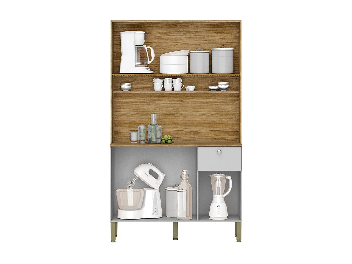 Buffet de Cuisine 6 Portes 1 Tiroir Chêne et Blanc 7 Niches L 111 H 185 P 39.3 cm