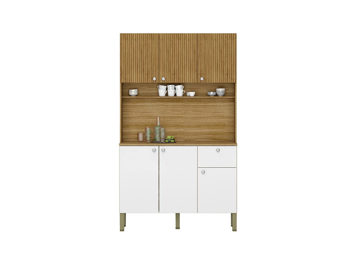 Buffet de Cuisine 6 Portes 1 Tiroir Chêne et Blanc 7 Niches L 111 H 185 P 39.3 cm