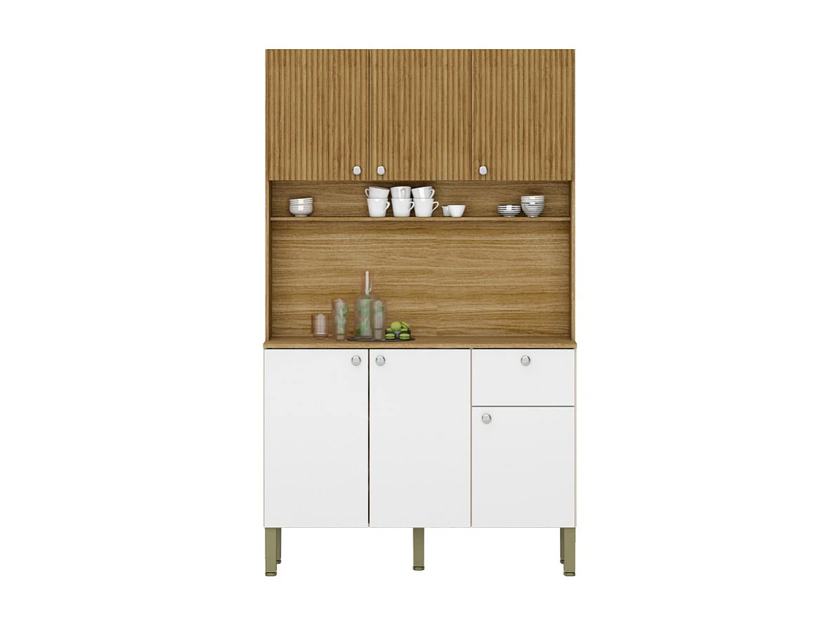 Buffet de Cuisine 6 Portes 1 Tiroir Chêne et Blanc 7 Niches L 111 H 185 P 39.3 cm