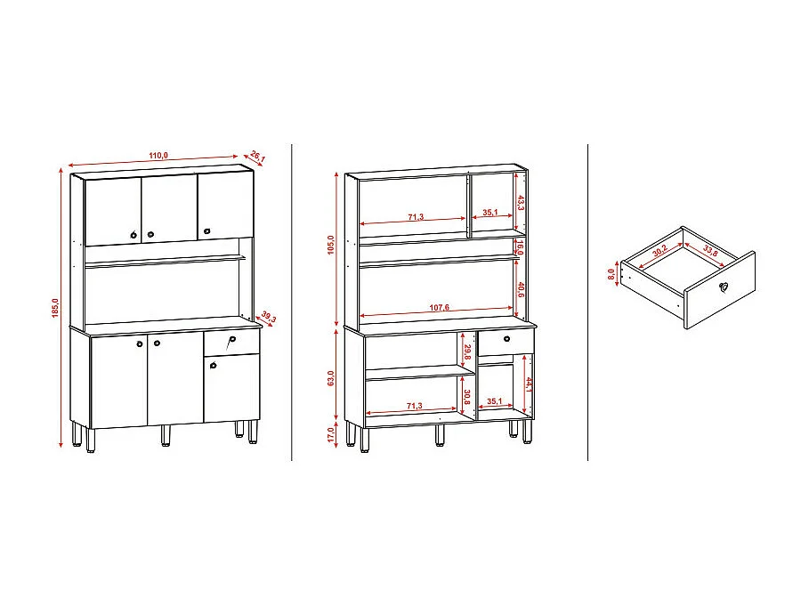 Buffet de Cuisine 6 Portes 1 Tiroir Chêne et Blanc 7 Niches L 111 H 185 P 39.3 cm
