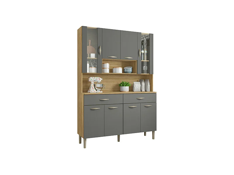 Buffet de Cuisine 8 Portes 2 Tiroirs Chêne et Gris L 121.4 H 173.5 P 36.3 cm