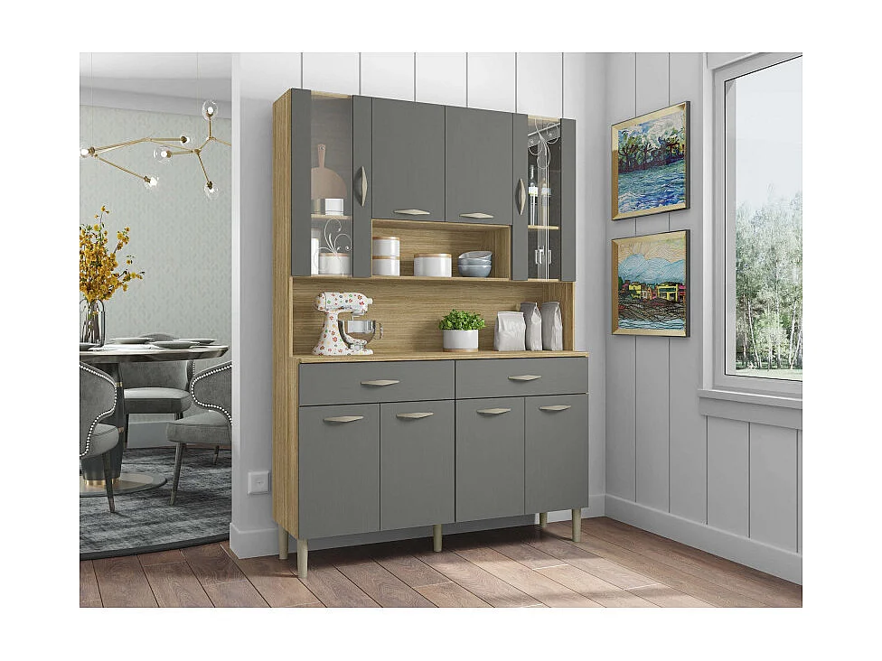 Buffet de Cuisine 8 Portes 2 Tiroirs Chêne et Gris L 121.4 H 173.5 P 36.3 cm