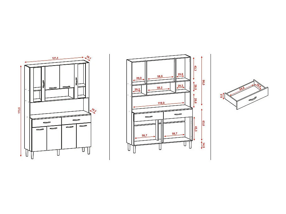 Buffet de Cuisine 8 Portes 2 Tiroirs Chêne et Gris L 121.4 H 173.5 P 36.3 cm