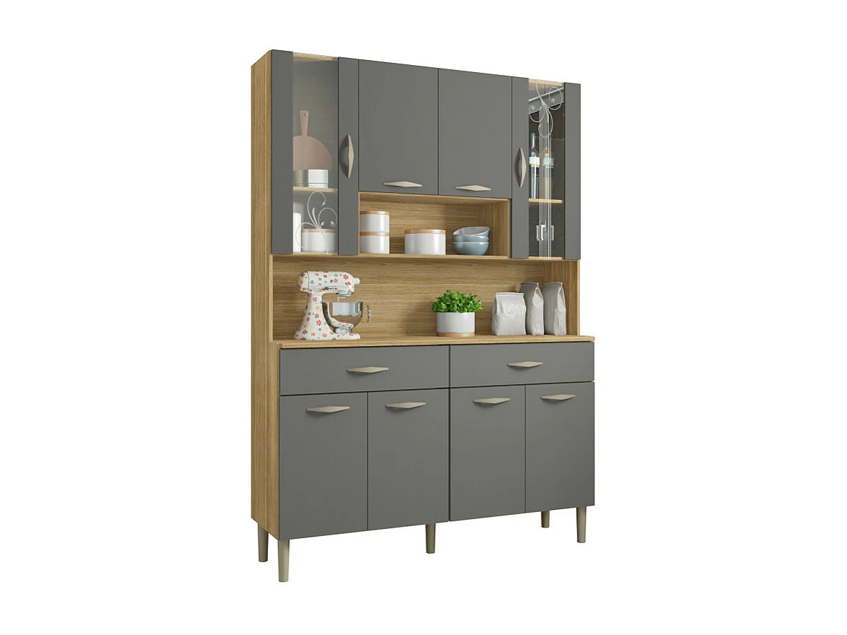 Buffet de Cuisine 8 Portes 2 Tiroirs Chêne et Gris L 121.4 H 173.5 P 36.3 cm