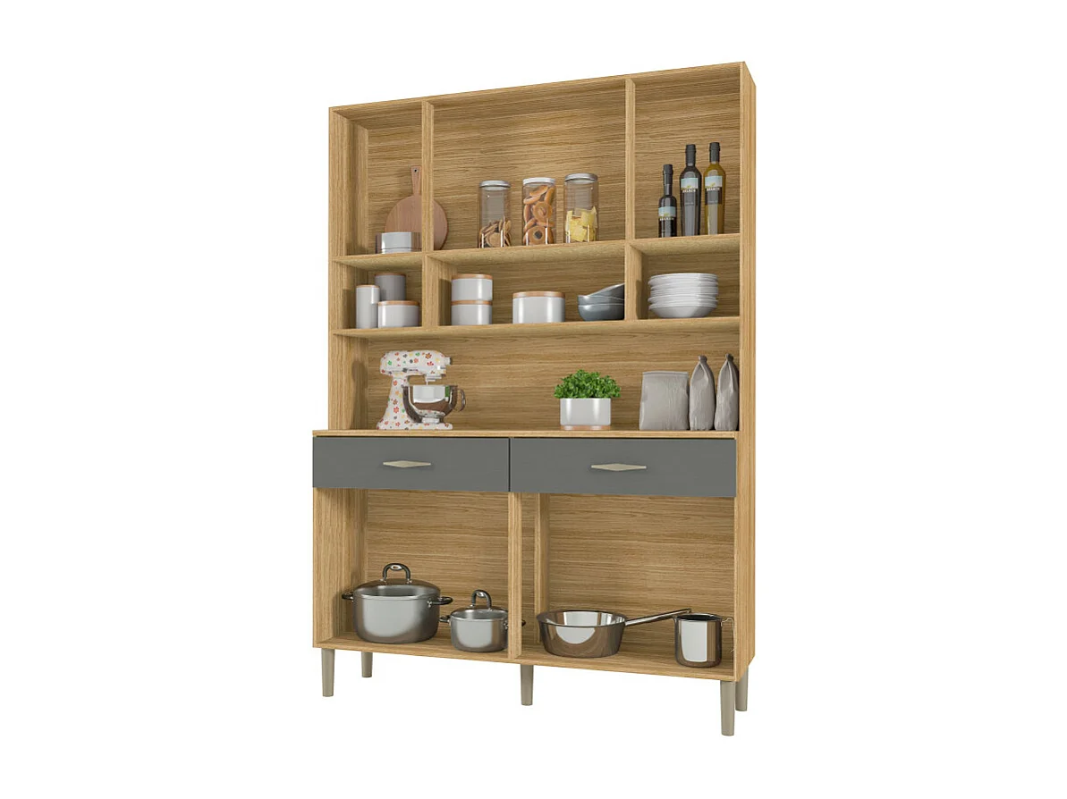 Buffet de Cuisine 8 Portes 2 Tiroirs Chêne et Gris L 121.4 H 173.5 P 36.3 cm