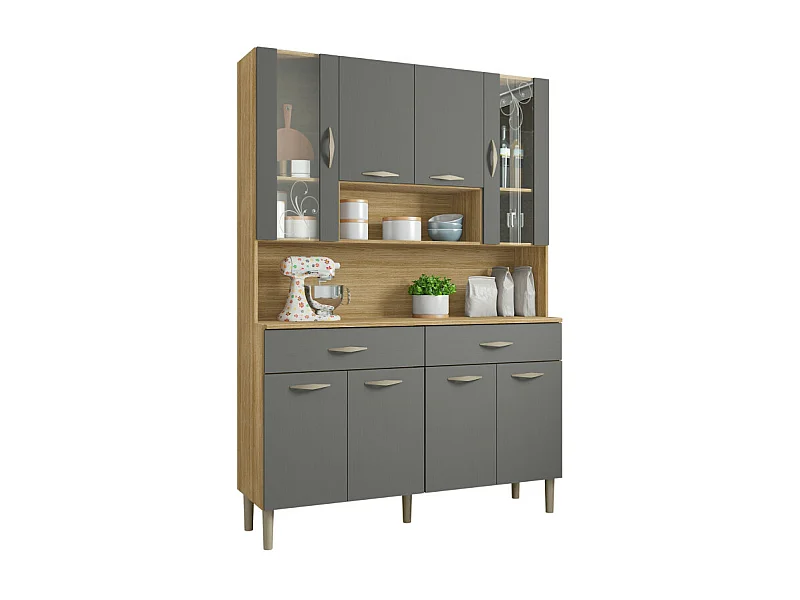 Buffet de Cuisine 8 Portes 2 Tiroirs Chêne et Gris L 121.4 H 173.5 P 36.3 cm