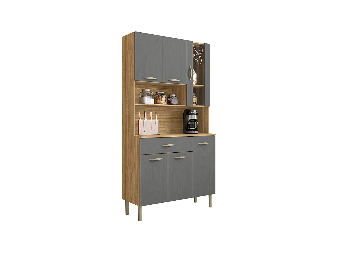 Buffet de Cuisine 6 Portes 1 Tiroir Chêne et Gris L 90.9 H 173.5 P 36.3 cm