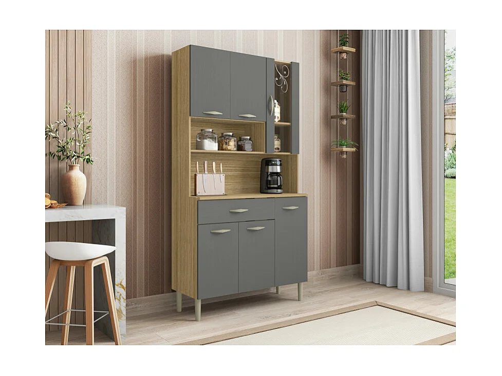 Buffet de Cuisine 6 Portes 1 Tiroir Chêne et Gris L 90.9 H 173.5 P 36.3 cm