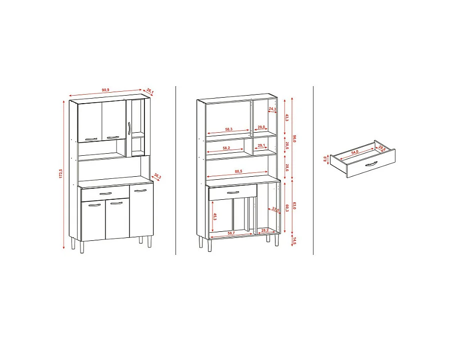 Buffet de Cuisine 6 Portes 1 Tiroir Chêne et Gris L 90.9 H 173.5 P 36.3 cm