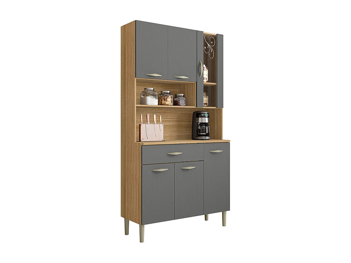 Buffet de Cuisine 6 Portes 1 Tiroir Chêne et Gris L 90.9 H 173.5 P 36.3 cm