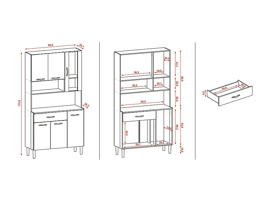 Buffet de Cuisine 6 Portes 1 Tiroir Chêne et Gris L 90.9 H 173.5 P 36.3 cm
