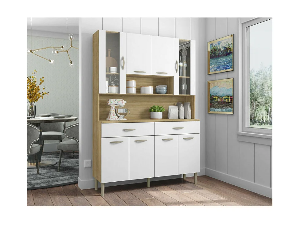 Buffet de Cuisine 8 Portes 2 Tiroirs Chêne et Blanc L 121.4 H 173.5 P 36.3 cm