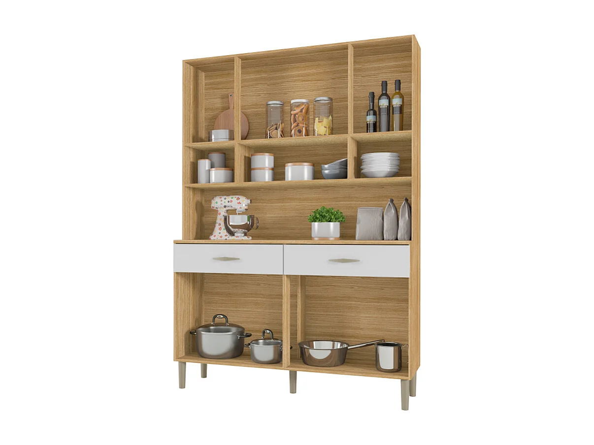 Buffet de Cuisine 8 Portes 2 Tiroirs Chêne et Blanc L 121.4 H 173.5 P 36.3 cm