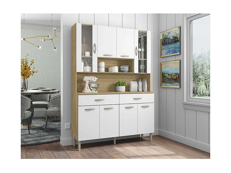 Buffet de Cuisine 8 Portes 2 Tiroirs Chêne et Blanc L 121.4 H 173.5 P 36.3 cm