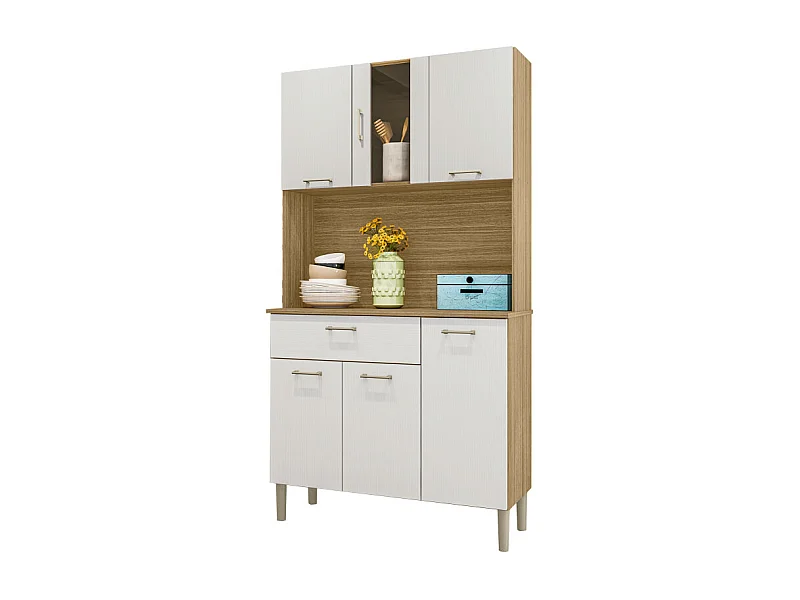 Buffet de Cuisine 6 Portes 1 Tiroir Chêne et Blanc 5 Niches L92 H170.5 P36.3 cm