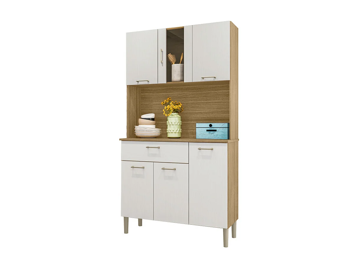 Buffet de Cuisine 6 Portes 1 Tiroir Chêne et Blanc 5 Niches L92 H170.5 P36.3 cm