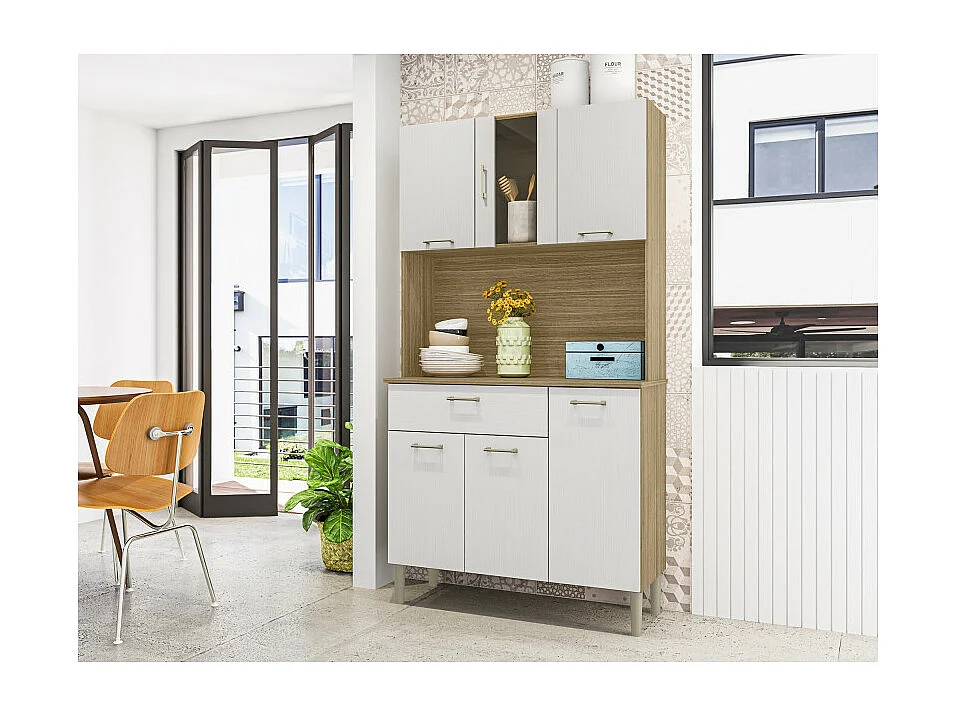 Buffet de Cuisine 6 Portes 1 Tiroir Chêne et Blanc 5 Niches L92 H170.5 P36.3 cm